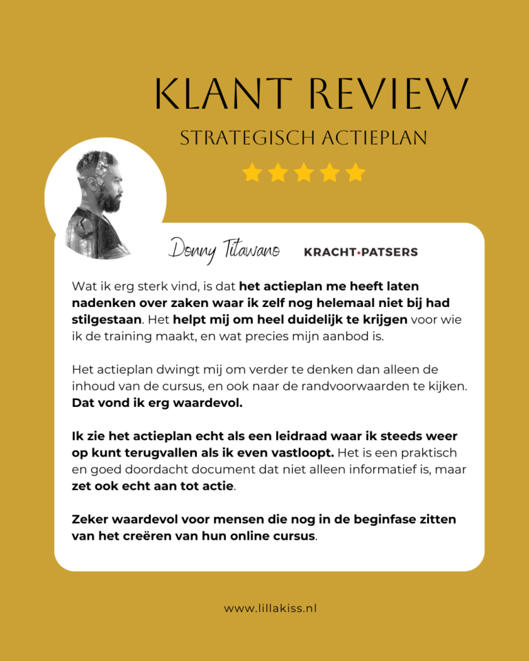 Review strategisch actieplan van idee naar online cursus van Donny Titawano over VA Lilla Kiss